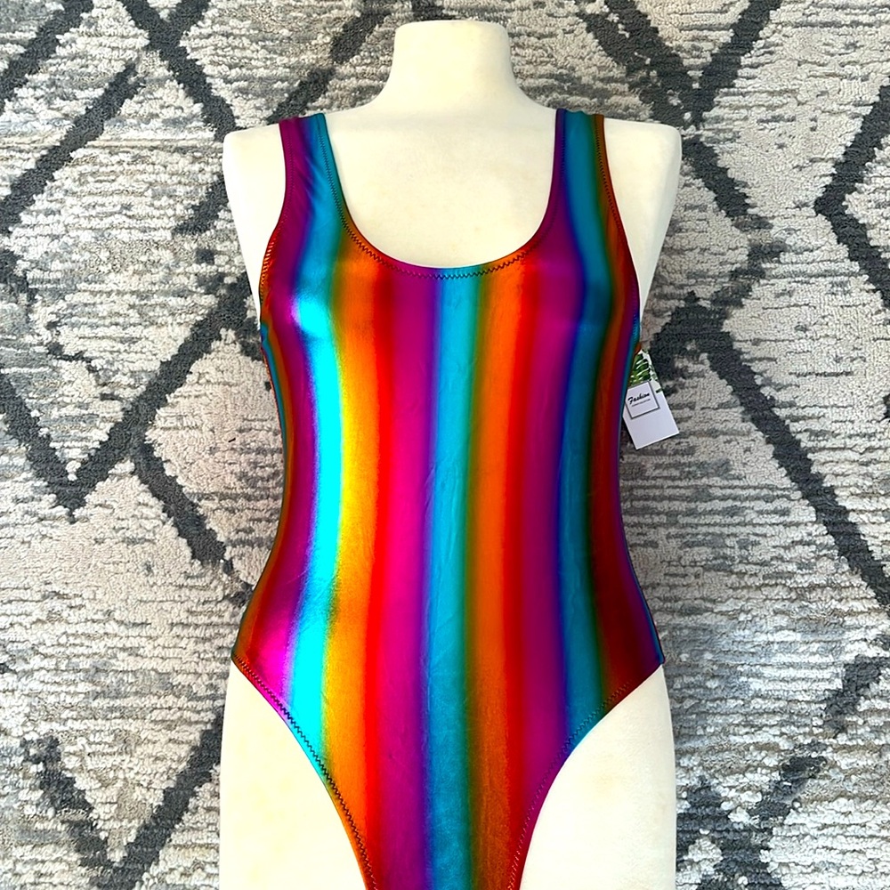 Retro-Multicolor Stripe One Piece Swimsuit NWT, Metallic Vertical Stripes